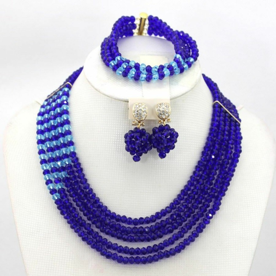 Africanbeads Africanbeads 5 Rows Royal Blue Crystal Jewelry Set Handmade African Wedding Necklace Bracelet Earrings Set Jewelry Sets