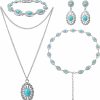 Haysandy Haysandy 4 Pcs Bohemian Turquoise Jewelry Set, Turquoise Necklace, Vintage Turquoise Dangle Earrings And Bracelet, Western Adjustable Belt Boho Jewelry For Women Jewelry Sets