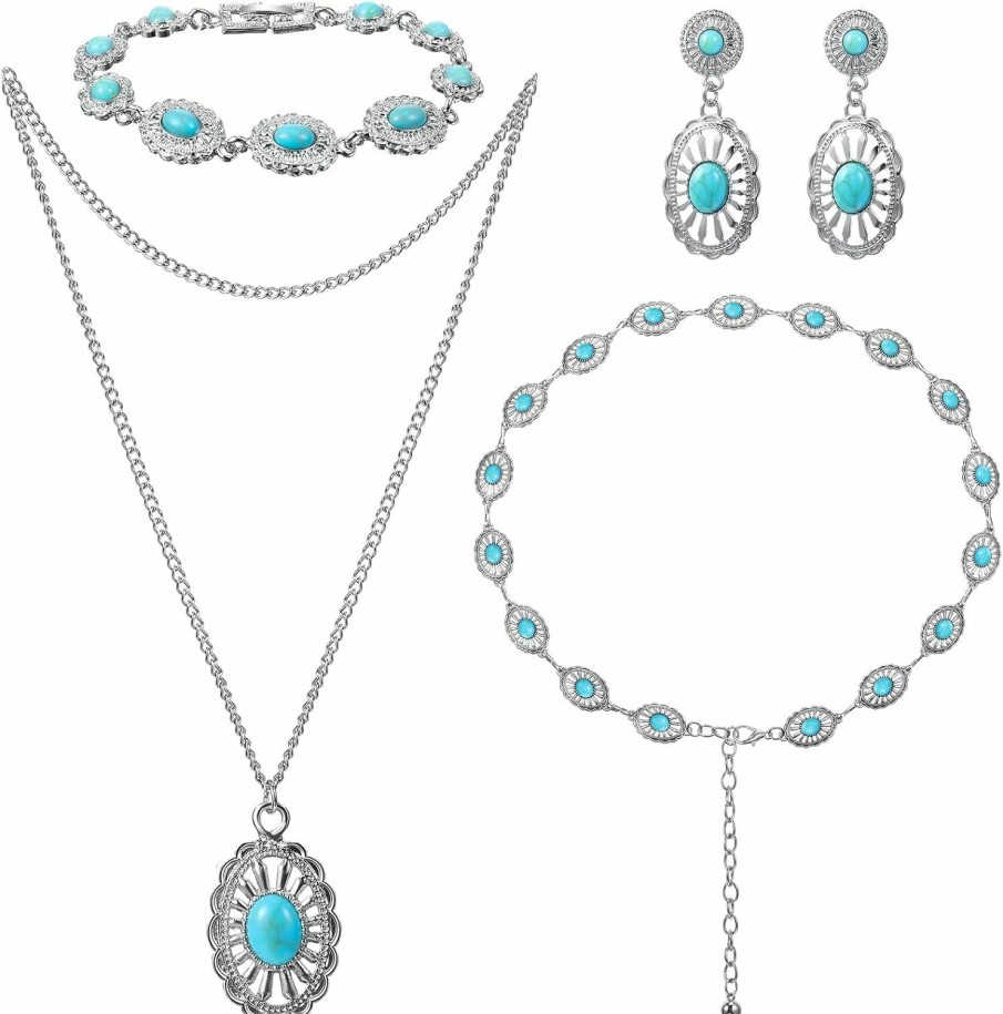 Haysandy Haysandy 4 Pcs Bohemian Turquoise Jewelry Set, Turquoise Necklace, Vintage Turquoise Dangle Earrings And Bracelet, Western Adjustable Belt Boho Jewelry For Women Jewelry Sets