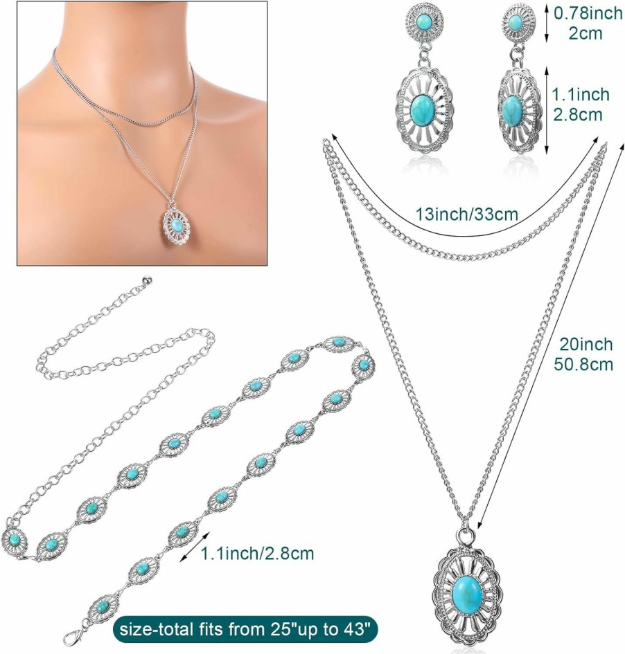 Haysandy Haysandy 4 Pcs Bohemian Turquoise Jewelry Set, Turquoise Necklace, Vintage Turquoise Dangle Earrings And Bracelet, Western Adjustable Belt Boho Jewelry For Women Jewelry Sets