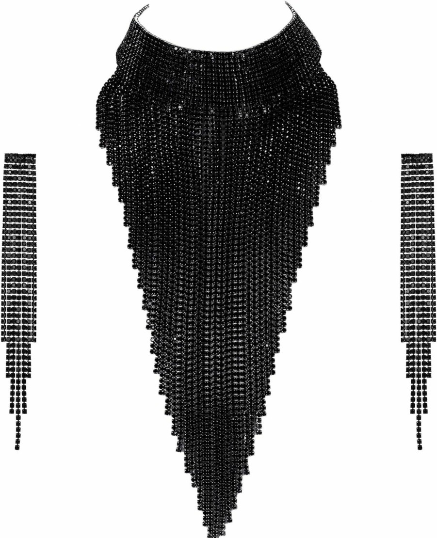 Flyonce Flyonce Rhinestone Statement Necklace For Women, Tassel Bib Choker Collar Chunky Costume Jewelry For Party Formal Jewelry Sets