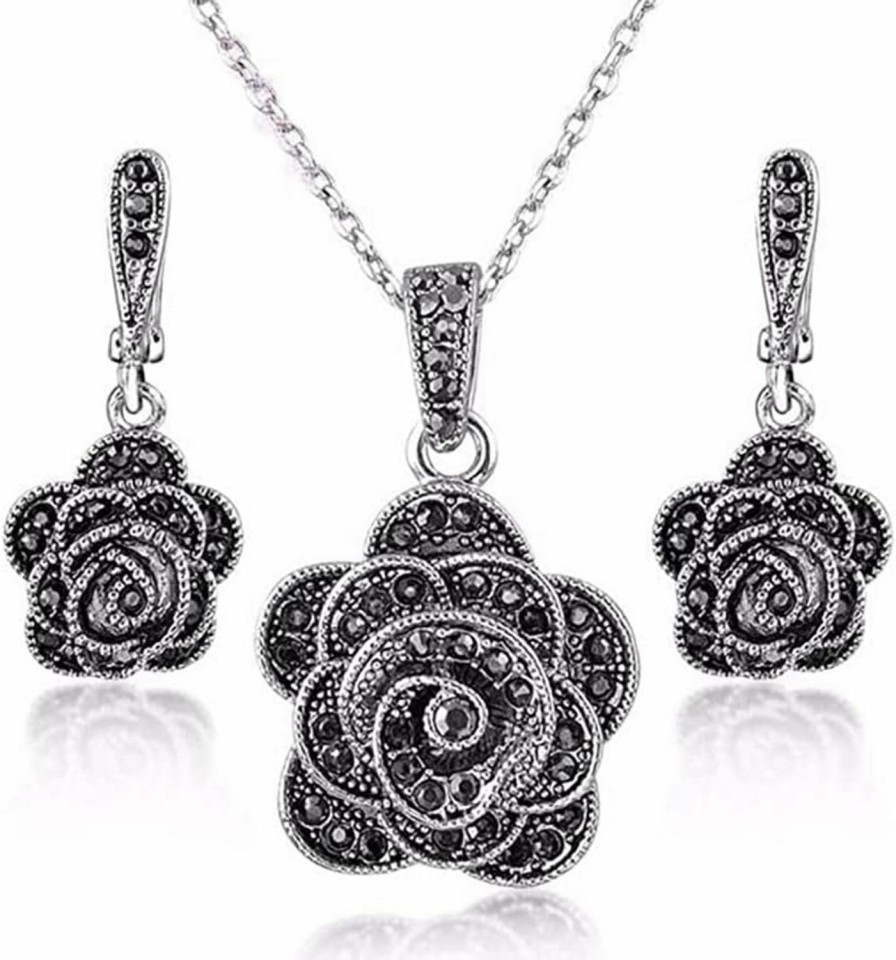 Zyoenxl Zyoenxl Vintage Black Crystal Geometric Rose Flower Necklace Earrings Fashion Jewelry Sets Christmas Day Gifts Jewelry Sets