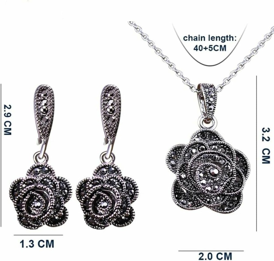 Zyoenxl Zyoenxl Vintage Black Crystal Geometric Rose Flower Necklace Earrings Fashion Jewelry Sets Christmas Day Gifts Jewelry Sets