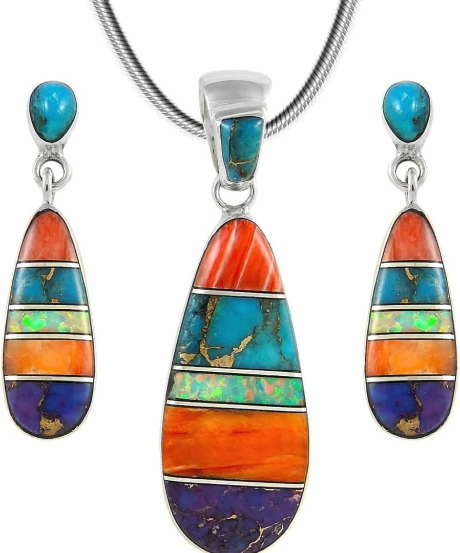 Turquoise Network Matching Turquoise & Gemstones Set 925 Sterling Silver (Pendant, Earrings, Necklace 20\") Jewelry Sets