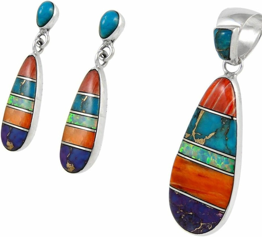 Turquoise Network Matching Turquoise & Gemstones Set 925 Sterling Silver (Pendant, Earrings, Necklace 20\") Jewelry Sets