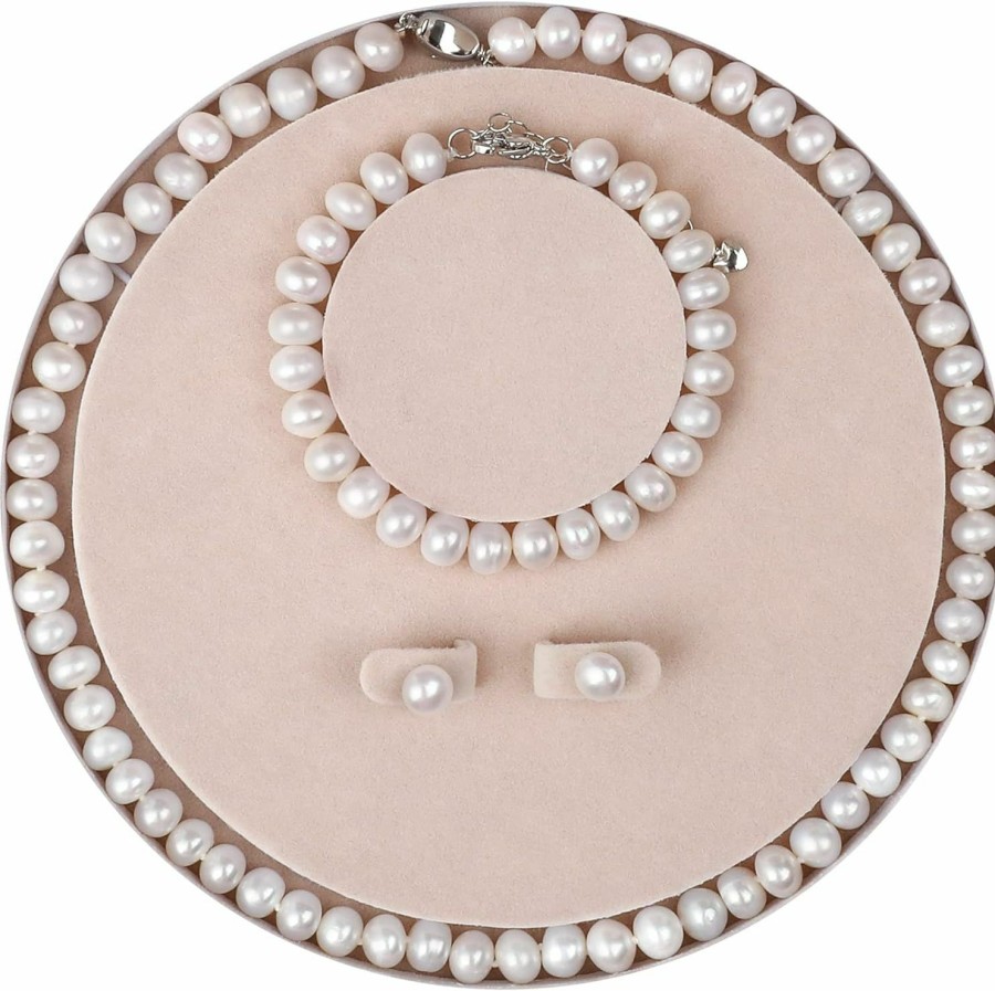 AOOVOO Aoovoo Freshwater Cultured Pearl Necklace Set - Real Pearl Necklace Set Includes Stunning Bracelet And Stud Earrings Jewelry Set For Women Jewelry Sets