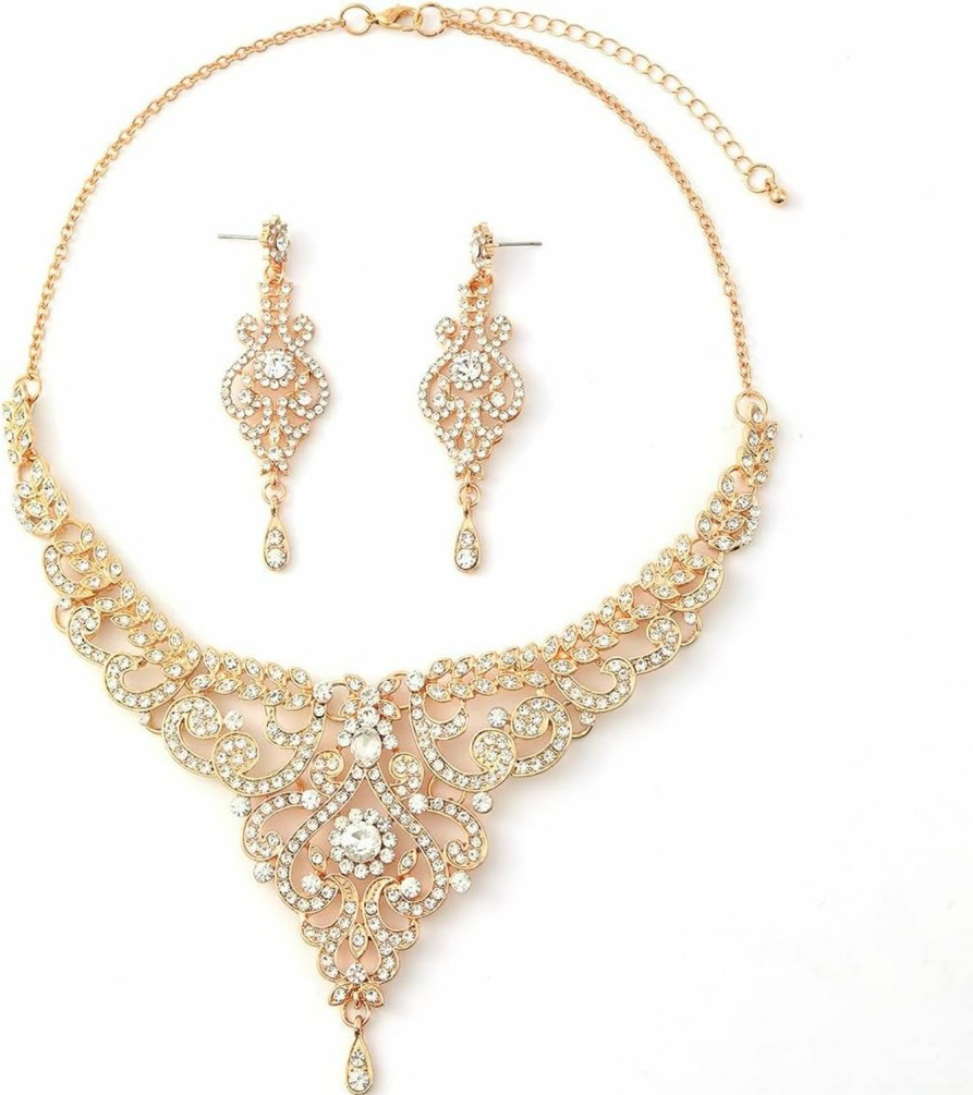 Hapibuy Hapibuy Crystal Wedding Jewelry Set Necklace Earring Set For Women And Brides Rose Gold And Silver Bridal Statement Jewelry Sets Jewelry Sets