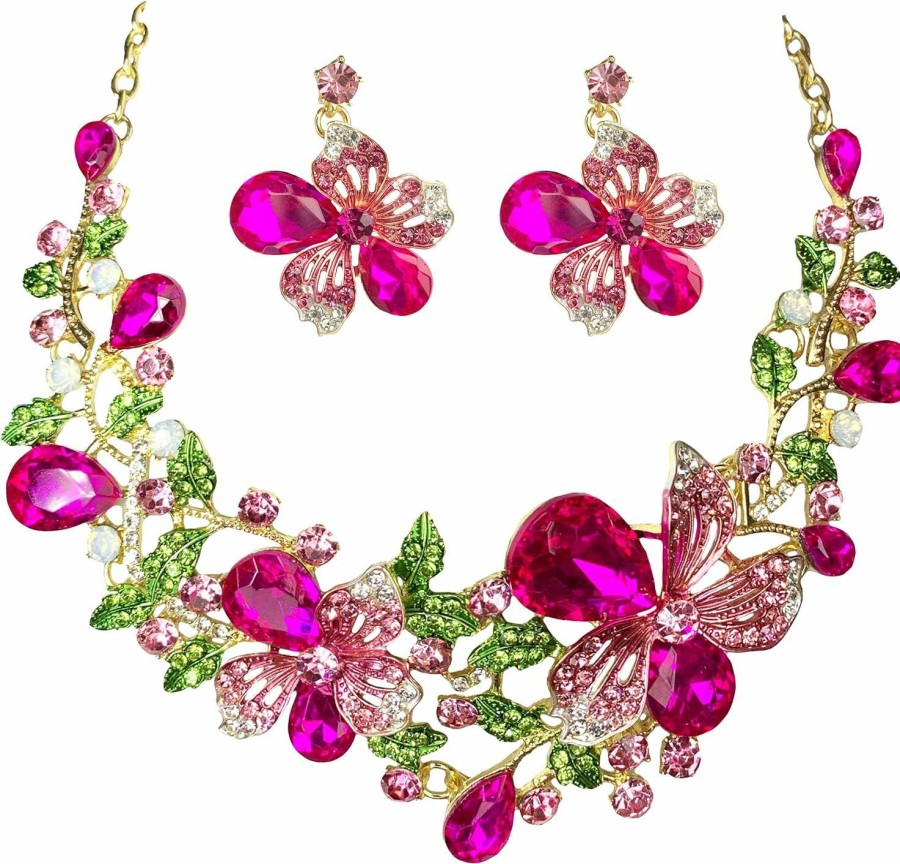 MMonesu Mmonesu Crystal Flower Bib Statement Necklace Set Chunky Diamond Flower Statement Necklace & Earrings Drama Bib Collar Jewelry Set For Women Prom Party Jewelry Jewelry Sets