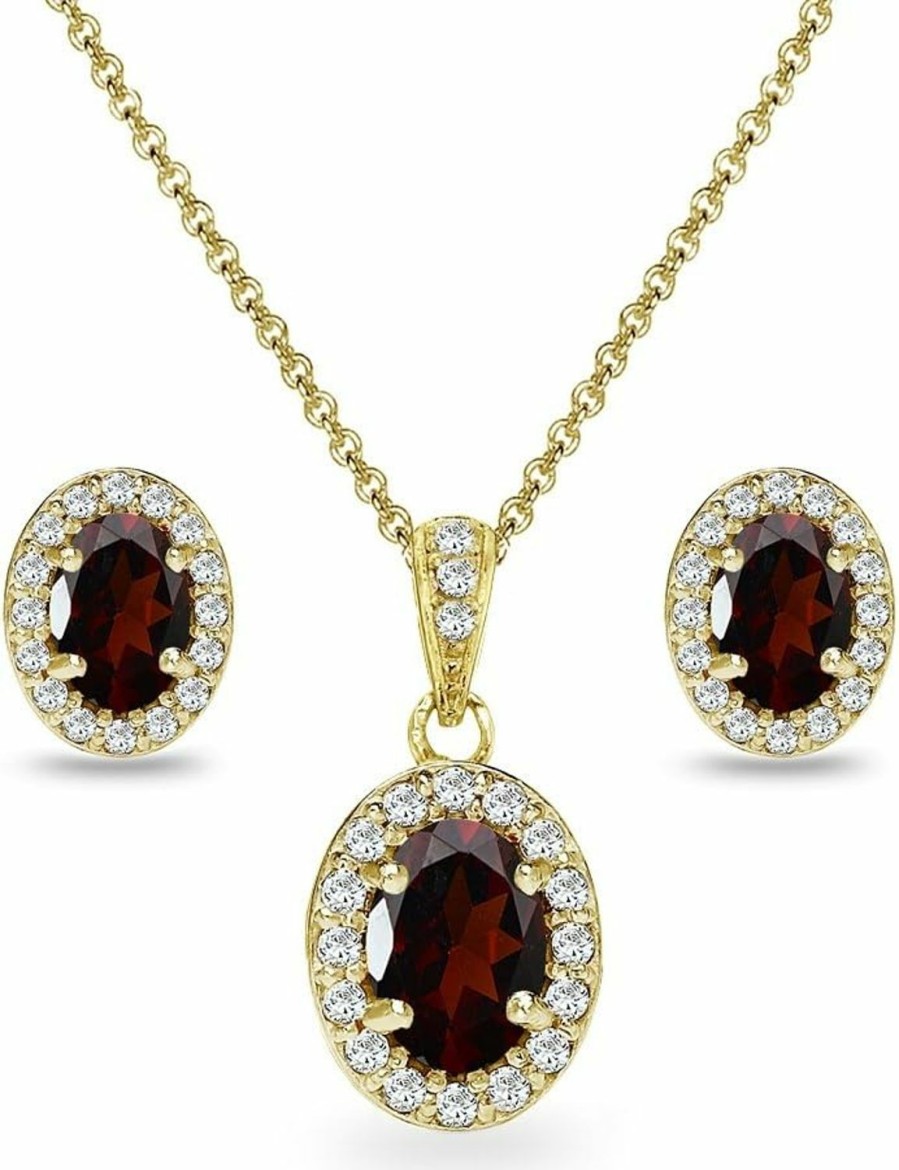 B. BRILLIANT B. Brilliant Yellow Gold Flashed Sterling Silver Genuine, Created Or Simulated Gemstone & Cz Oval Halo Necklace & Stud Earrings Jewelry Set For Women Girls Bridesmaids With Gift Box Jewelry Sets