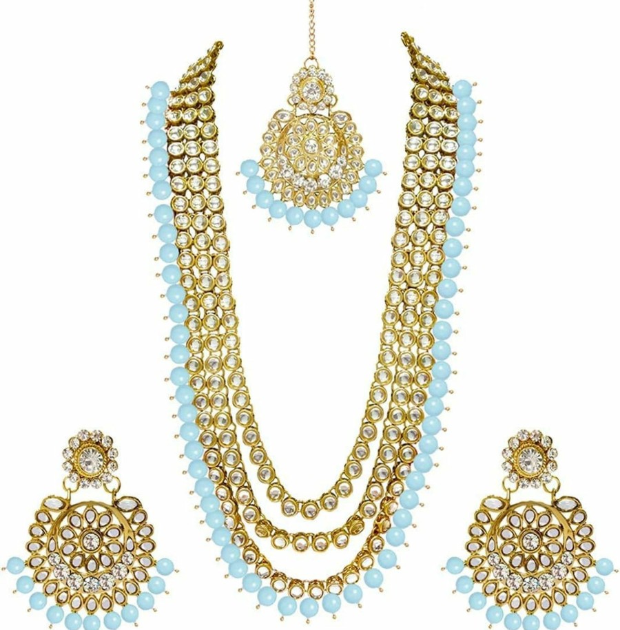 Aheli Aheli Indian Ethnic Wedding Faux Kundan Beaded Bridal Long Necklace Earrings With Maang Tikka Traditional Jewellery Set For Women Jewelry Sets