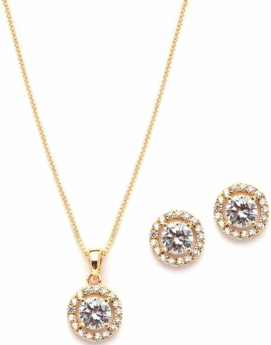 Mariell Mariell Bridal Wedding Necklace Set, Cubic Zirconia Pendant Necklace And Stud Earrings, Gold Jewelry Set Jewelry Sets