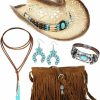 Toulite Toulite 5 Pcs Boho Jewelry Set Women Cowgirl Hat Crossbody Fringe Purse Tassel Shoulder Bag Synthetic Turquoise Necklace, Bracelets, Earrings For Women Jewelry Sets