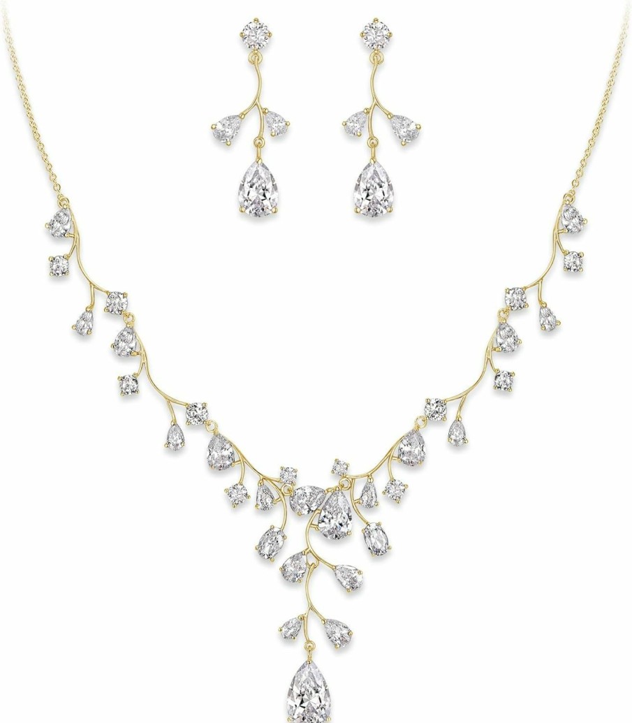 Mayfox Mayfox Bridal Round Cubic Zirconia Jewelry Set For Woman, Waterdrop Leaf Party Necklace Earrings Set For Bride Bridesmaid Jewelry Sets