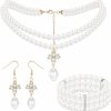 Cunno 4 Pcs Women Faux Pearl Jewelry Set Multiple Strand Faux Pearls Choker Necklaces 3 Rows Stretch Bracelet Dangle Hook Earrings Jewelry Sets