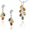 AMBEDORA Ambedora Small Women'S Jewellery Set Amber 458, Polished Sterling Silver, Colourful Baltic Amber, Silver Pendant On Chain And Earrings Jewelry Sets