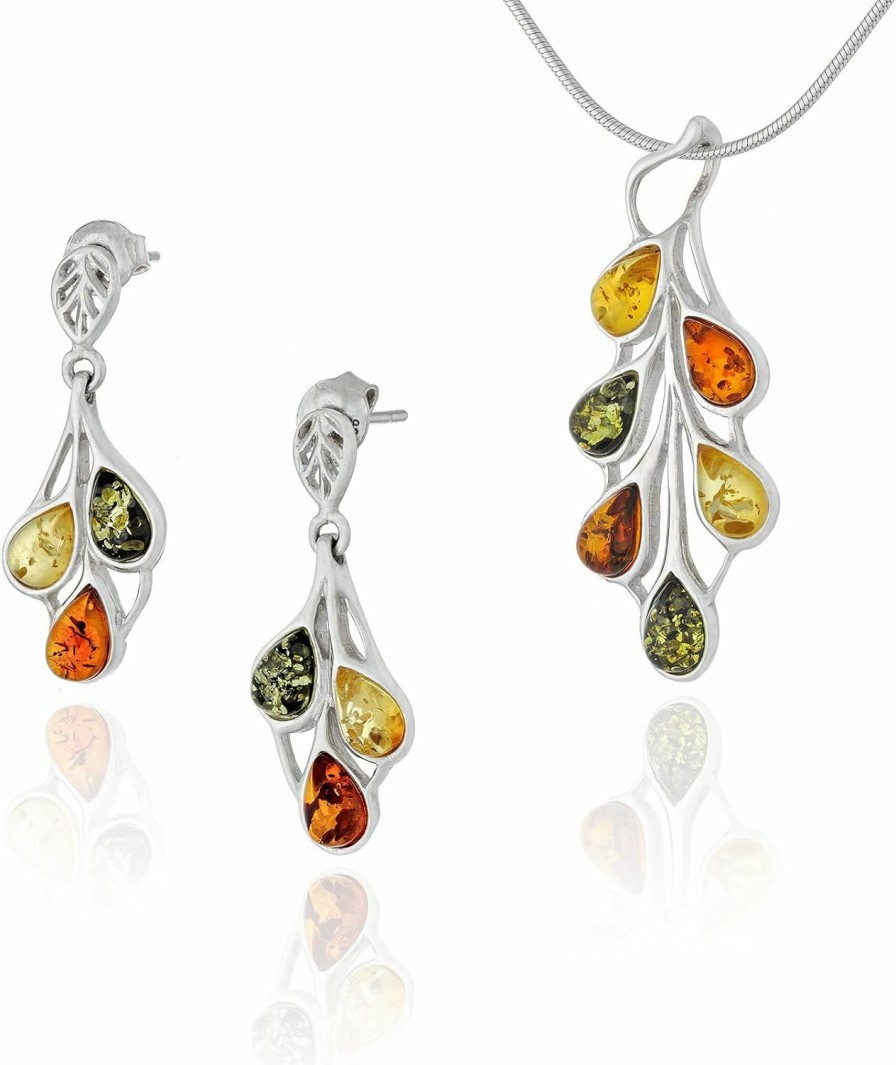 AMBEDORA Ambedora Small Women'S Jewellery Set Amber 458, Polished Sterling Silver, Colourful Baltic Amber, Silver Pendant On Chain And Earrings Jewelry Sets