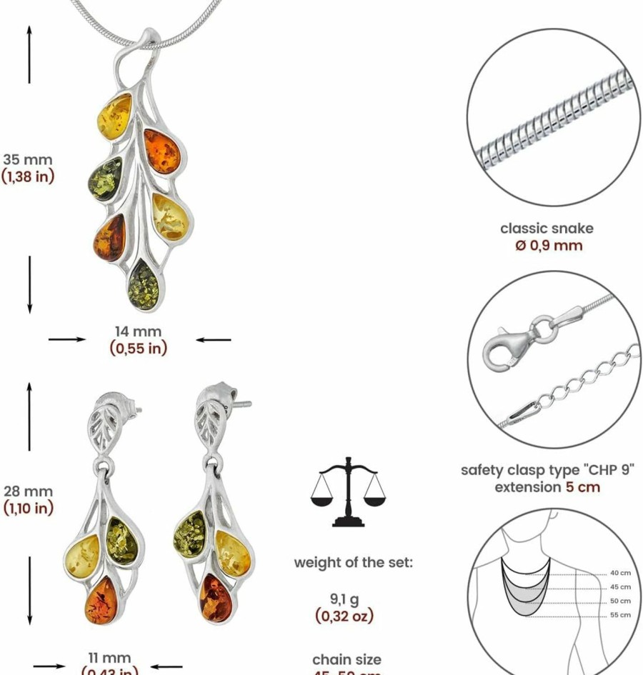 AMBEDORA Ambedora Small Women'S Jewellery Set Amber 458, Polished Sterling Silver, Colourful Baltic Amber, Silver Pendant On Chain And Earrings Jewelry Sets