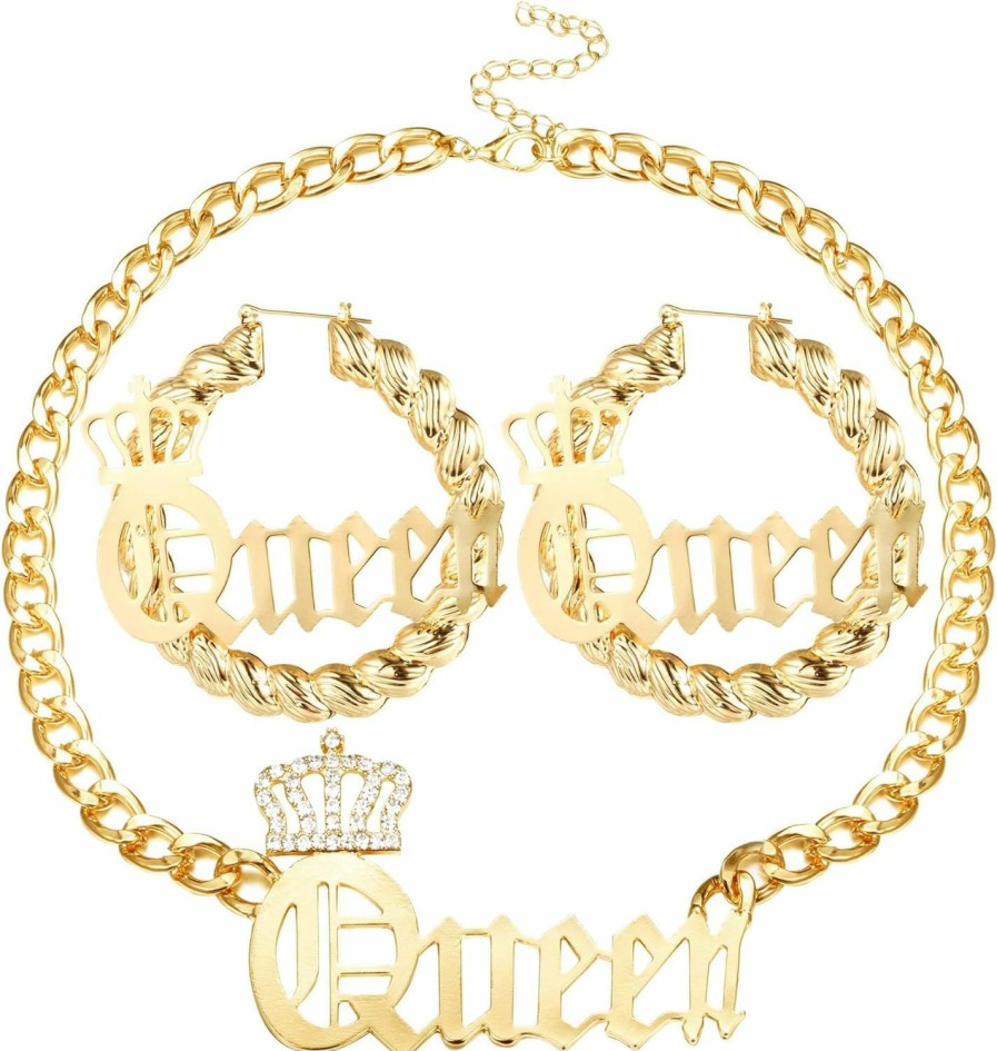 SAILIMUE Sailimue Queen Pendant Curb Chain Necklace With Oversize Statement 90S Bamboo Hoop Earring Set For Women Gold Plated Color Punk Style Hip Hop Rapper Jewelry Sets