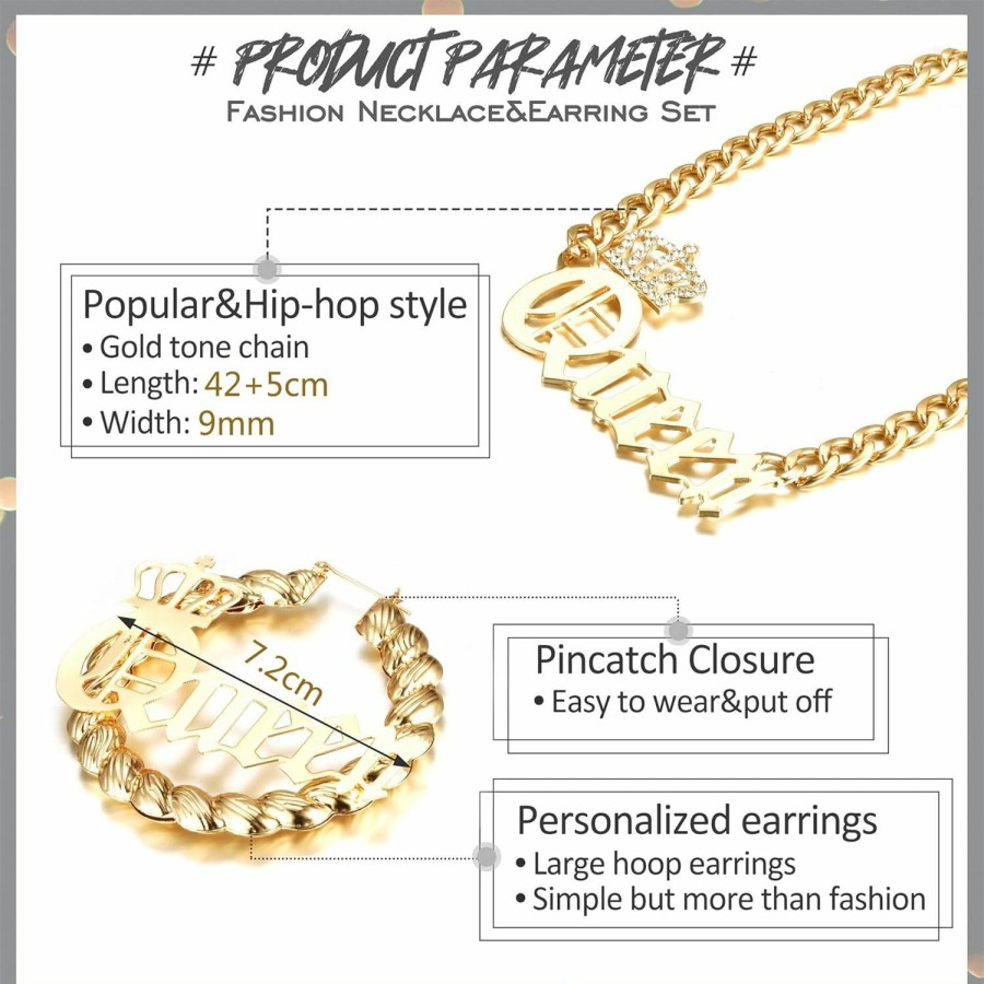 SAILIMUE Sailimue Queen Pendant Curb Chain Necklace With Oversize Statement 90S Bamboo Hoop Earring Set For Women Gold Plated Color Punk Style Hip Hop Rapper Jewelry Sets