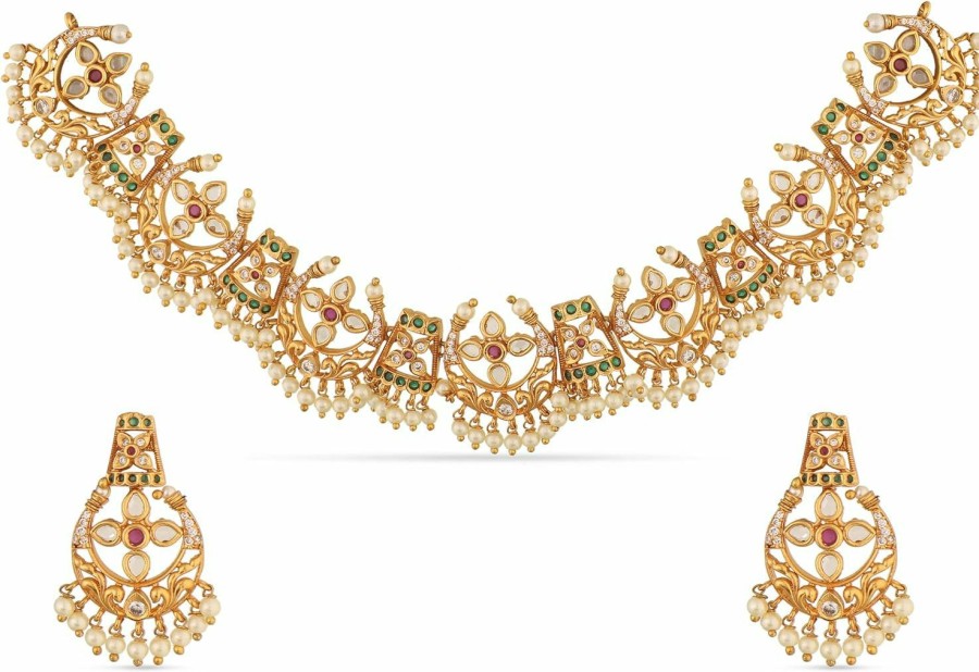 TARINIKA Tarinika Antique Gold Plated Vaikha Short Necklace Set With Floral Design - Indian Jewelry Sets For Women | Perfect For Ethnic Occasions | Traditional South Indian Necklace | 1 Year Warranty* Jewelry Sets