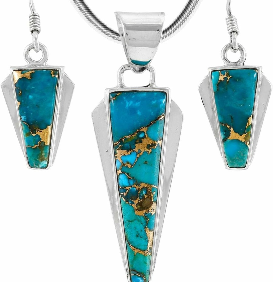 Turquoise Network Turquoise Network 925 Sterling Silver Matching Pendant & Earrings Set Genuine Gemstones 20\" Necklace Jewelry Sets