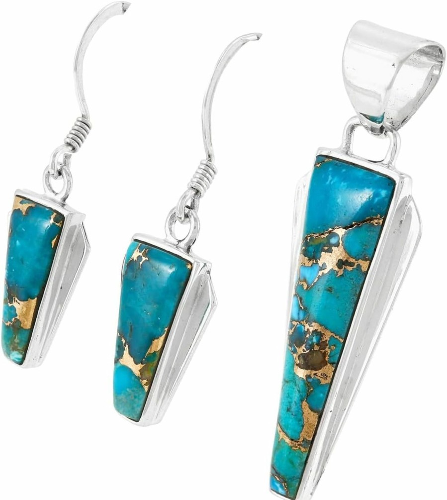 Turquoise Network Turquoise Network 925 Sterling Silver Matching Pendant & Earrings Set Genuine Gemstones 20\" Necklace Jewelry Sets