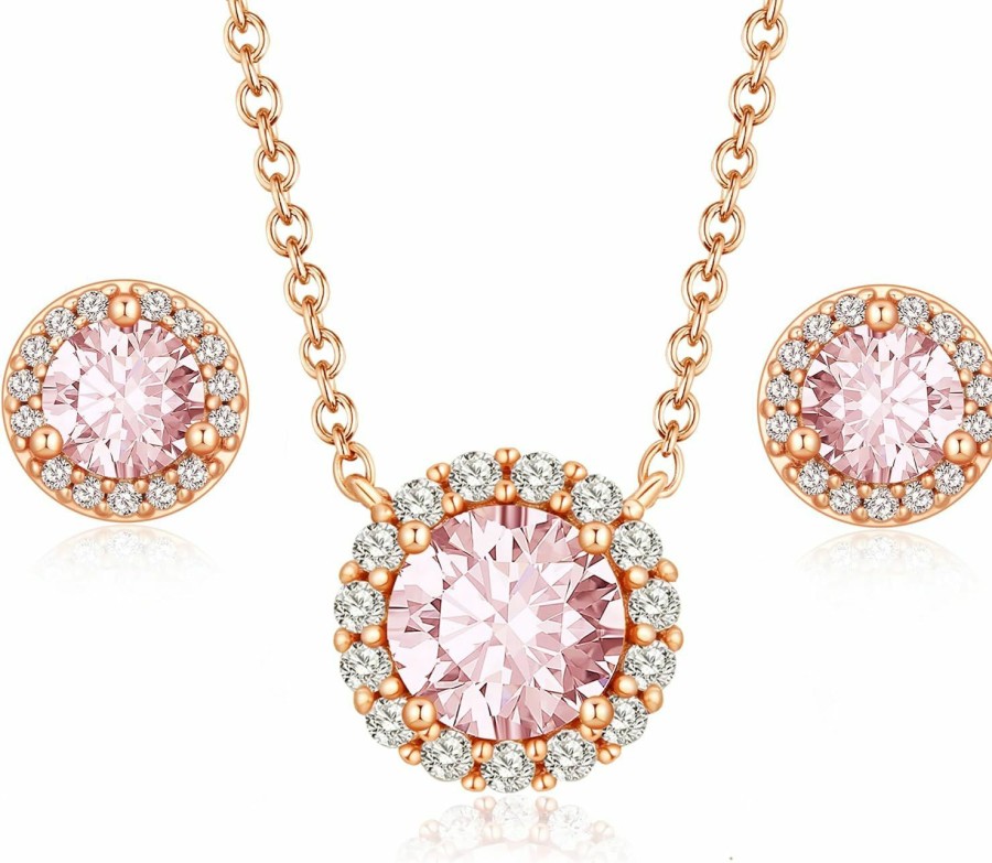 Gloffery Gloffery 18K Rose Gold Plated 925 Sterling Silver Created-Morganite Round Solitaire Dainty Halo Pendant Necklace And Earrings Set For Women, Sterling Silver, Created Morganite Jewelry Sets