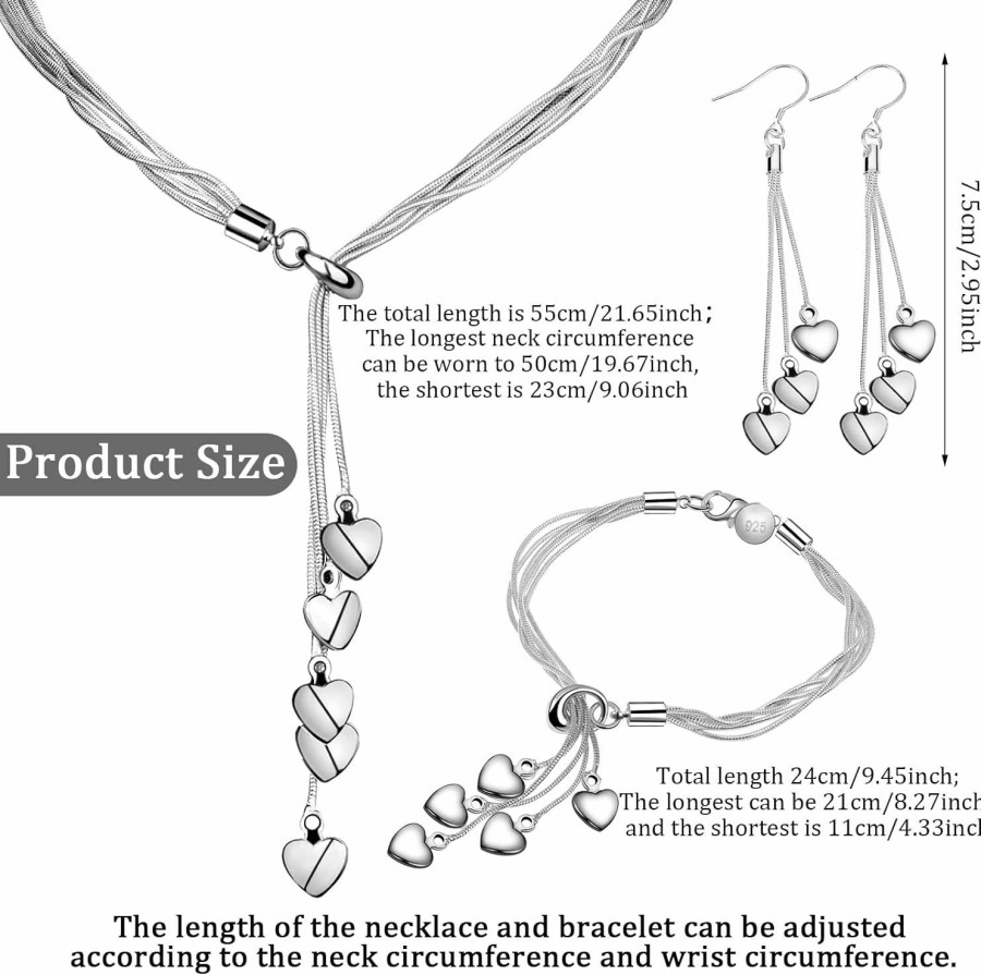 Droutti Droutti 3 Pack Italian Silver Heart Chain Necklace For Women, Long Five-Line Chain Heart Love Line Necklace Link Chain Bracelet Heart Earring Jewelry Set For Birthday Anniversary Valentine'S Day Gift Jewelry Sets