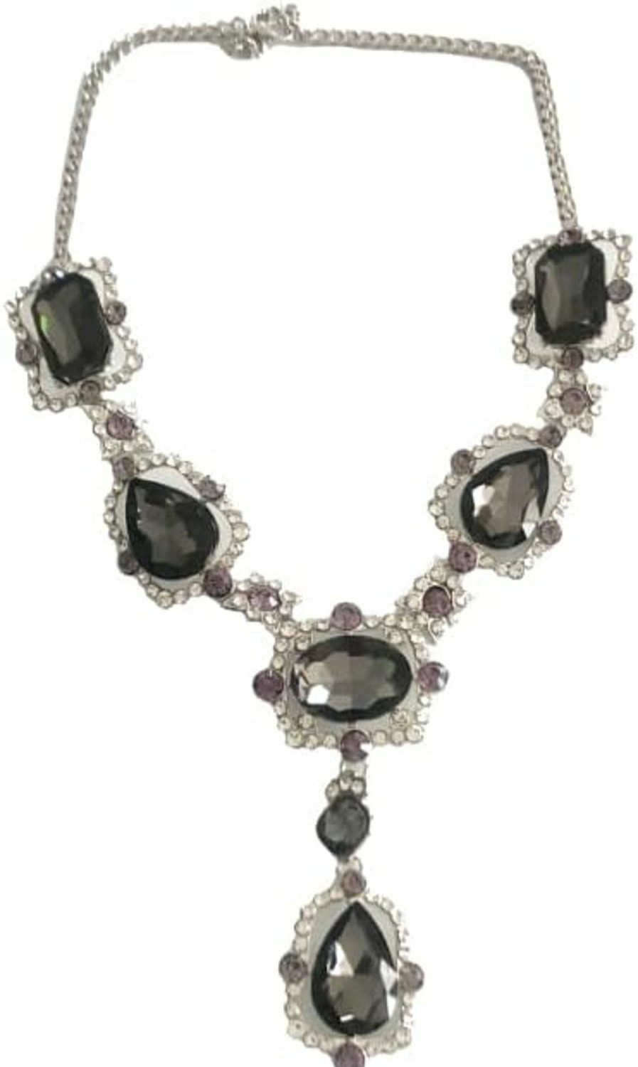 Secret for Longevity Extra Large Victorian Art Deco Antique Retro Vintage Style Silver Tone Grey Smokey Topaz Lavendar Clear Rhinestone Chunky Statement Wedding Bridal Prom Drag Queen Pageant Necklace Jewelry Sets