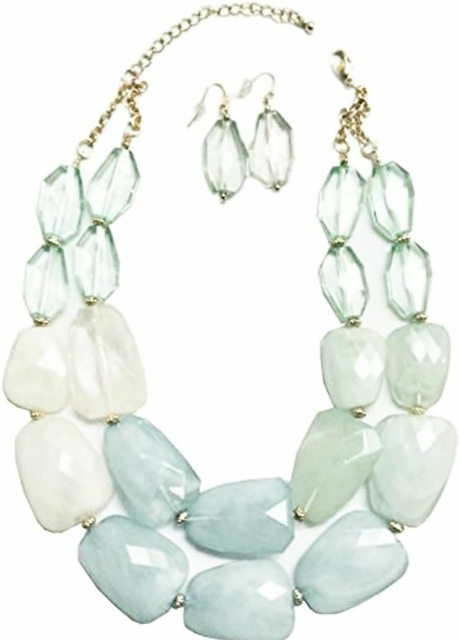 Secret for Longevity Multi Pale Aquamarine Light Powder Blue Sea Glass Turquoise Mint Green Ivory Frosted White Beige Colored Resin Big Chunky Statement Necklace Jewelry Sets