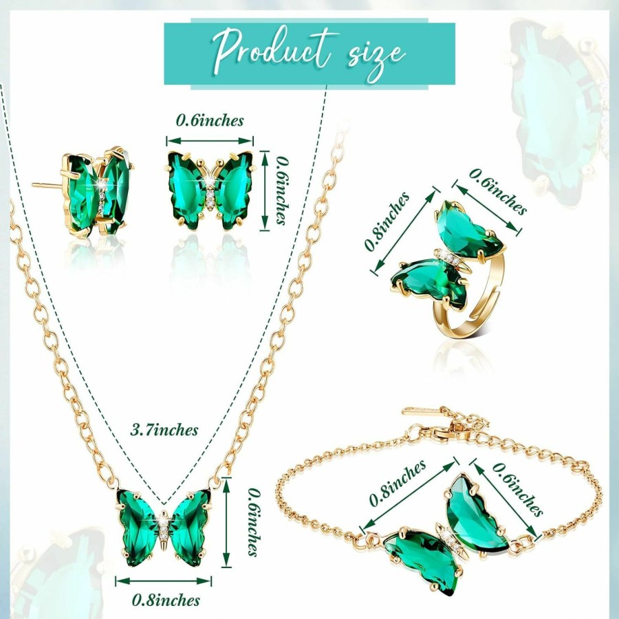 Highergo Highergo 5 Pcs Emerald Butterfly Jewelry Set For Women Include Butterfly Necklaces Pendant Birthstone Ring Butterfly Stud Earrings Green Butterfly Bracelets Crystal Jewelry For Women Trendy Girls Jewelry Sets