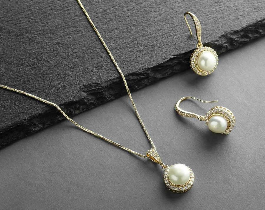 Mariell Mariell Pearl Bridal Wedding Necklace & Earrings Jewelry Set For Brides, Bridesmaids, Gold Bridal Jewelry Jewelry Sets