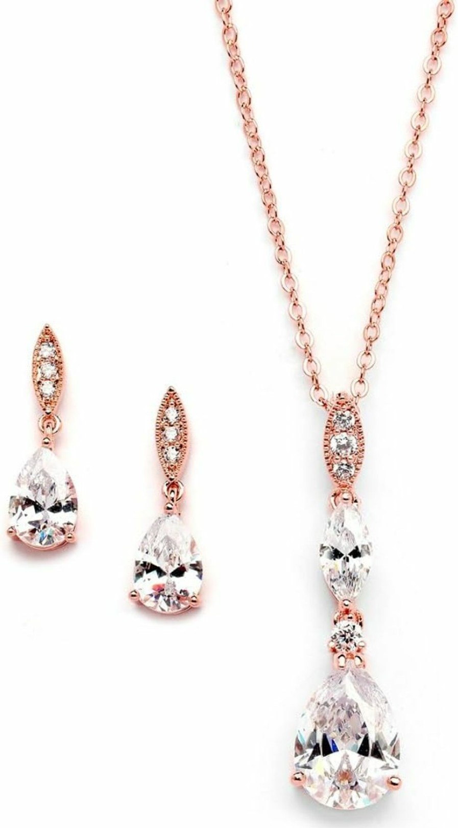 Mariell Mariell Bridal Wedding Necklace Earrings Set, Rose Gold Cz Pendant And Drop Earring For Bride, Bridesmaid Jewelry Sets