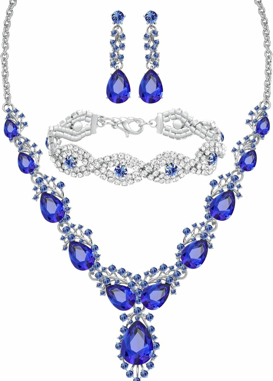 Miraculous Garden 3/4 Pieces Wedding Bridal Crystal Tiara Crown Teardrop Statement Necklace Link Bracelet Dangle Earrings Rhinestone Handbag Jewelry Set For Women Girls Jewelry Sets