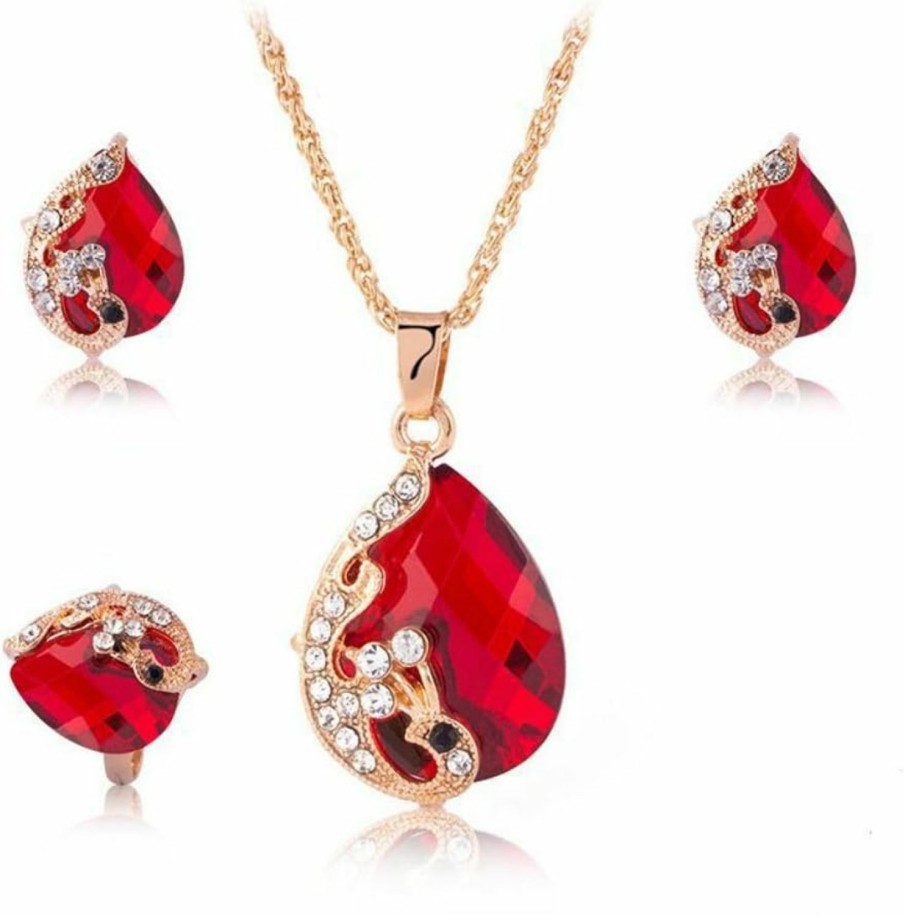 Ezing Ezing Women'S Gold Plated Teardrop Crystal Necklace, Rings And Earrings Jewelry Set Jewelry Sets