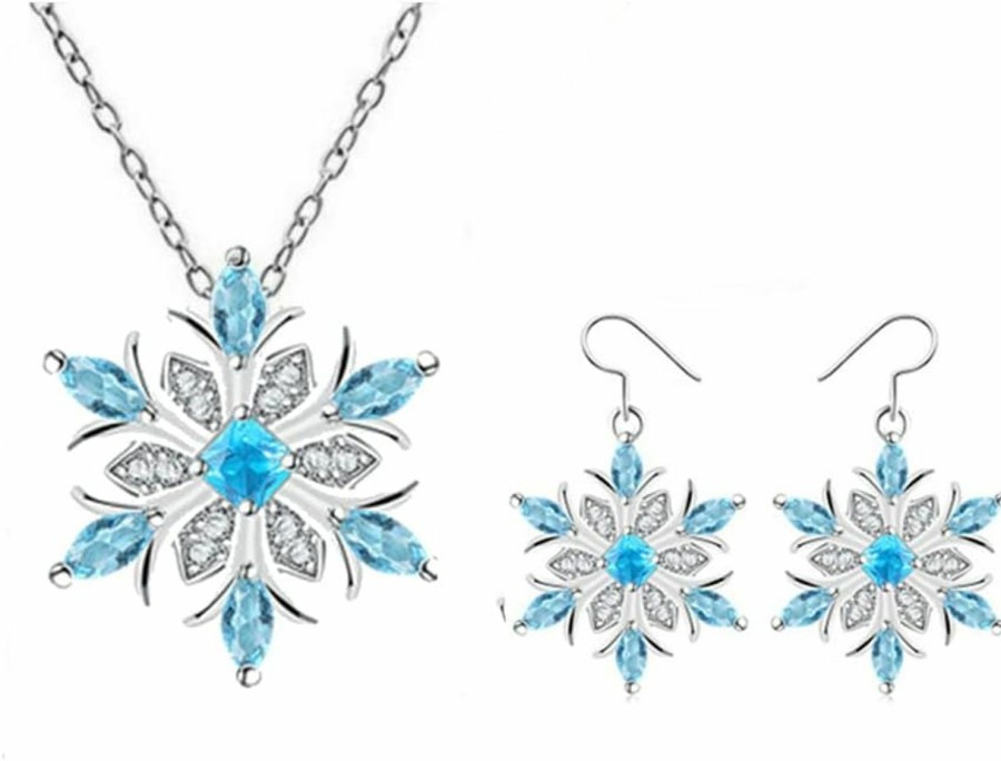 WLL Romantic Blue Rhinestone Snowflake Necklace Earrings Set For Women Winter Crystal Snowflake Flower Necklace Jewelry Christmas Holiday Gift Jewelry Sets