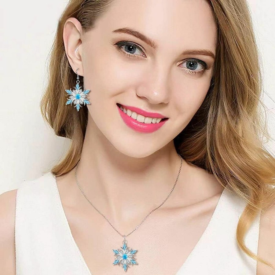 WLL Romantic Blue Rhinestone Snowflake Necklace Earrings Set For Women Winter Crystal Snowflake Flower Necklace Jewelry Christmas Holiday Gift Jewelry Sets