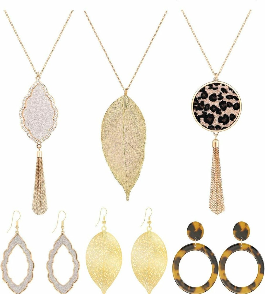 ZITULRY Zitulry Leopard Print Long Pendant Necklace Dangle Drop Earrings Set For Women Girls Leaf Tassel Necklace Tortoise Shell Acrylic Resin Earrings 6 Pcs Jewelry Sets