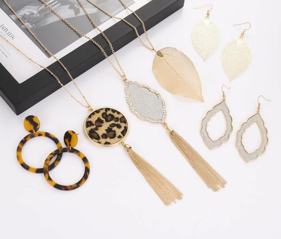 ZITULRY Zitulry Leopard Print Long Pendant Necklace Dangle Drop Earrings Set For Women Girls Leaf Tassel Necklace Tortoise Shell Acrylic Resin Earrings 6 Pcs Jewelry Sets