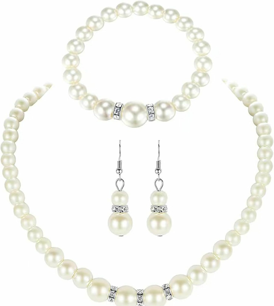 LKingel Lkingel Pearl Necklaces Earrings Set For Women Vintage Pearl Necklace Bracelet Earrings Set Pearl Drop Earrings Wedding Jewelry Gift For Girls Jewelry Sets