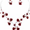 MARU Faceted Metal Rose & Crystal Rhinestone Necklace & Earring Set For Bridal, Prom (Red) Jewelry Sets