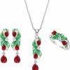 LMXXVJ Lmxxvj Green Leaf Enamel Jewelry Set For Women,White Gold Plated Earring Necklace Adjustable Ring Set, Jewelry Sets