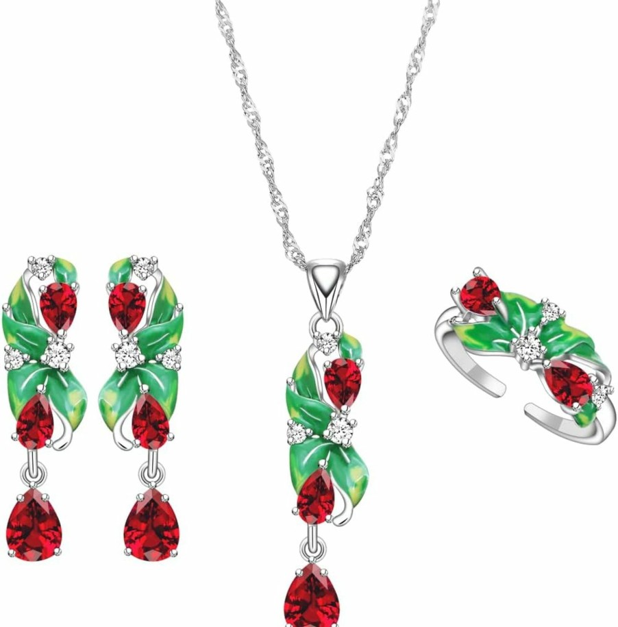 LMXXVJ Lmxxvj Green Leaf Enamel Jewelry Set For Women,White Gold Plated Earring Necklace Adjustable Ring Set, Jewelry Sets