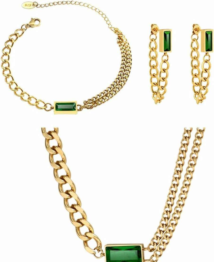 HUASAI Huasai Green Jewelry Set For Women Vintage Emerald Earrings Necklace For Bride Green Square Zircon Bracelet Gold Chain Green Crystal Lariat Necklace Jewelry Sets