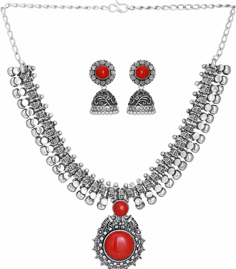 Jwellmart Jwellmart Indian Oxidized German Silver Stone Work Statement Choker Necklace Earrings Combo Fashion Jewelry Set For Women And Girls Jewelry Sets