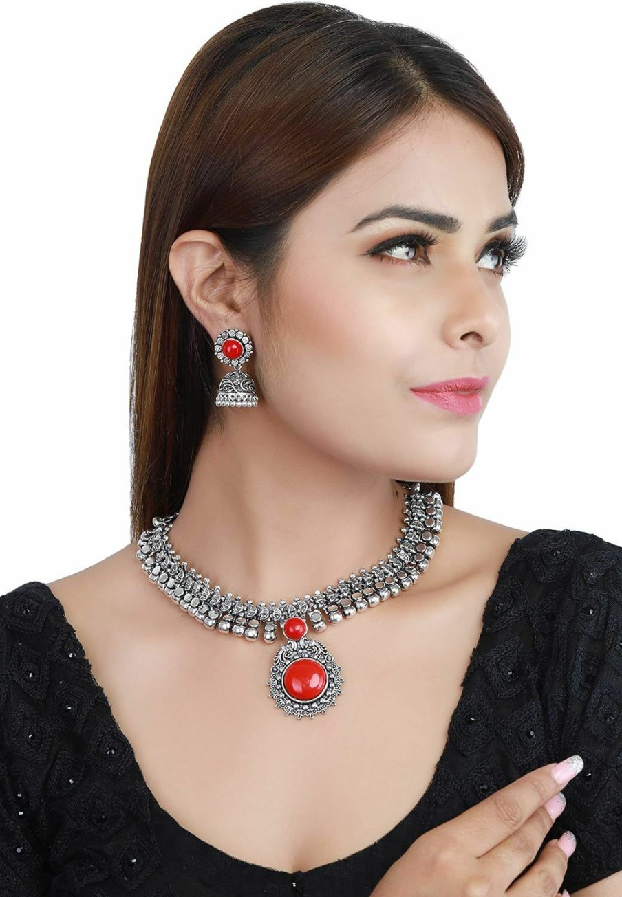 Jwellmart Jwellmart Indian Oxidized German Silver Stone Work Statement Choker Necklace Earrings Combo Fashion Jewelry Set For Women And Girls Jewelry Sets