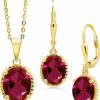 Gem Stone King Gem Stone King 18K Yellow Gold Plated Silver Oval Red Created Ruby Pendant And Earrings Jewelry Set For Women (8.00 Cttw, With 18 Inch Chain) Jewelry Sets