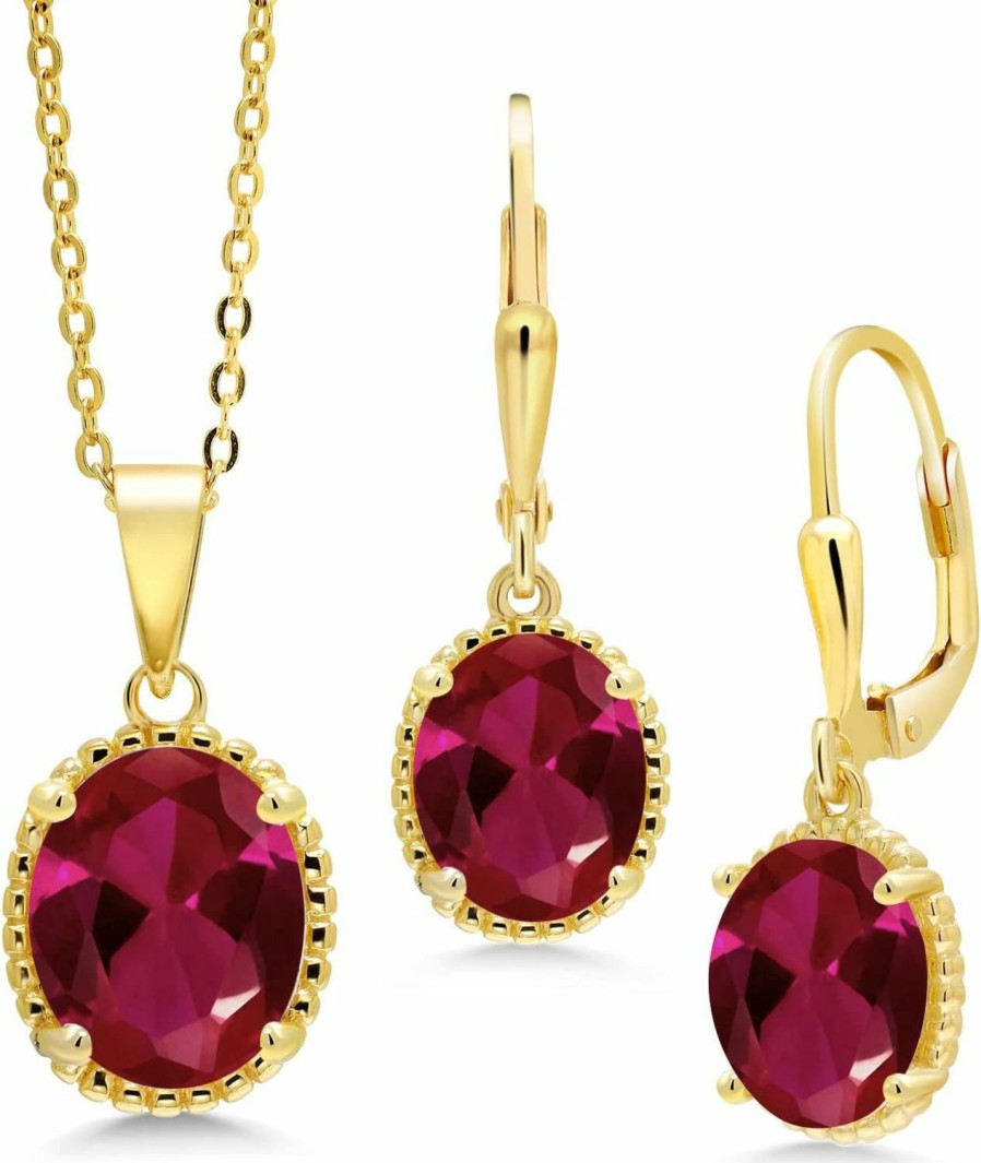 Gem Stone King Gem Stone King 18K Yellow Gold Plated Silver Oval Red Created Ruby Pendant And Earrings Jewelry Set For Women (8.00 Cttw, With 18 Inch Chain) Jewelry Sets