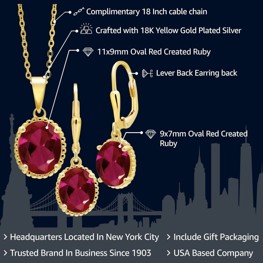 Gem Stone King Gem Stone King 18K Yellow Gold Plated Silver Oval Red Created Ruby Pendant And Earrings Jewelry Set For Women (8.00 Cttw, With 18 Inch Chain) Jewelry Sets