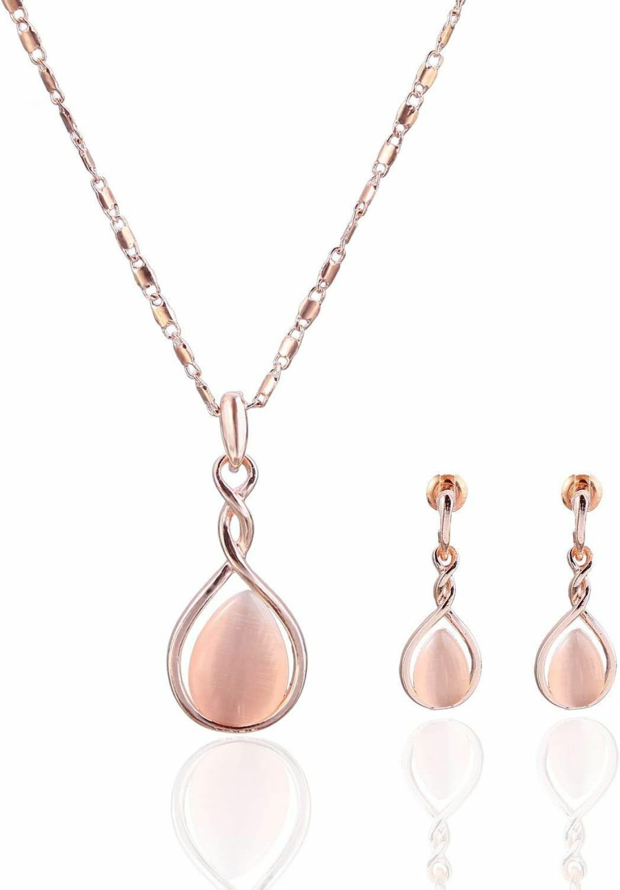 ASHMITA Ashmita Rose Gold Teardrop Necklace Gemstone Dangle Earrings Wedding Jewelry Set Jewelry Sets